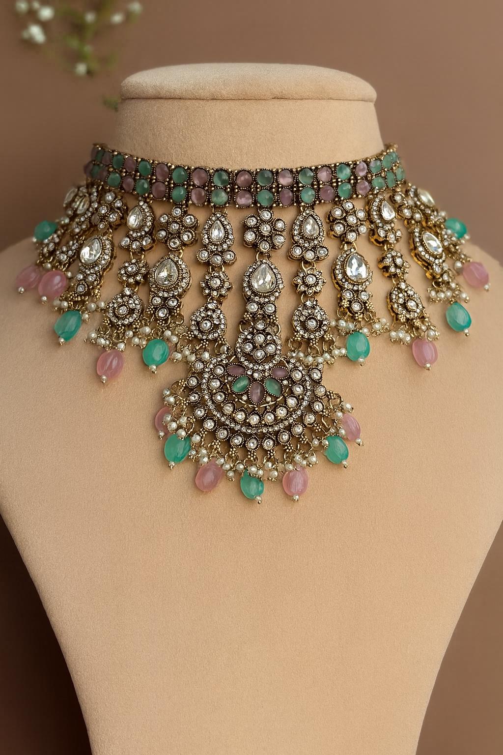TABBASUM Mint pink Bridal Kundan and cz zircon Choker necklace earrings and maangtika,Indian Pakistani wedding jewelery in Victorian style