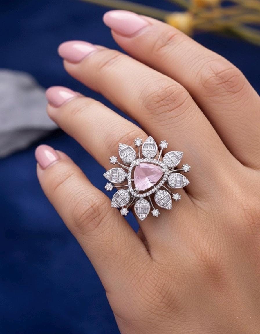 SHEINA Pink colour adjustable cocktail ring in American diamonds