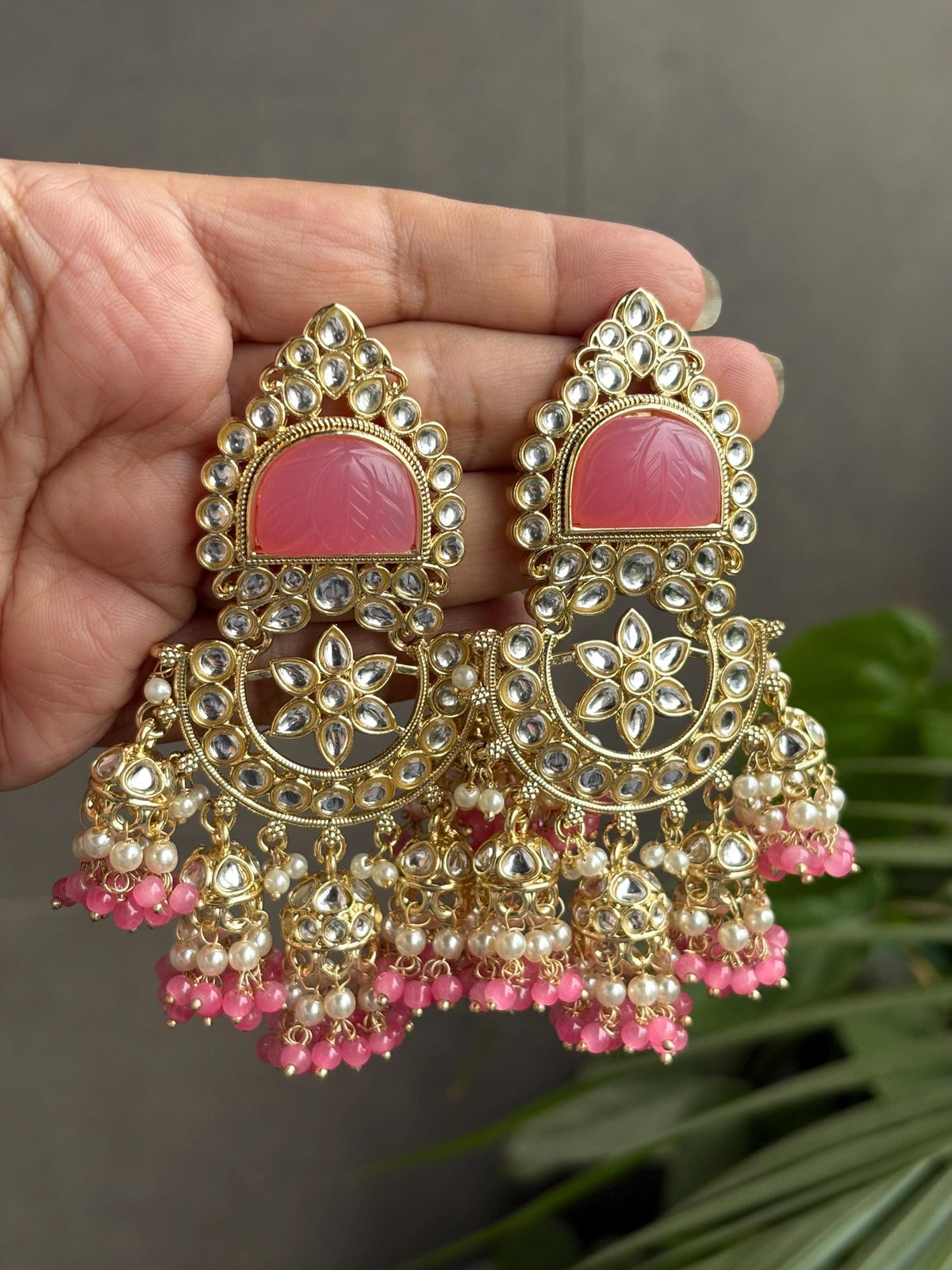 PRANITA Peach Pink Gold Tone Royal Kundan jhumka earrings / Indian dangler Earrings,Pakistani Wedding Jewelry/peach  bollywood danglers