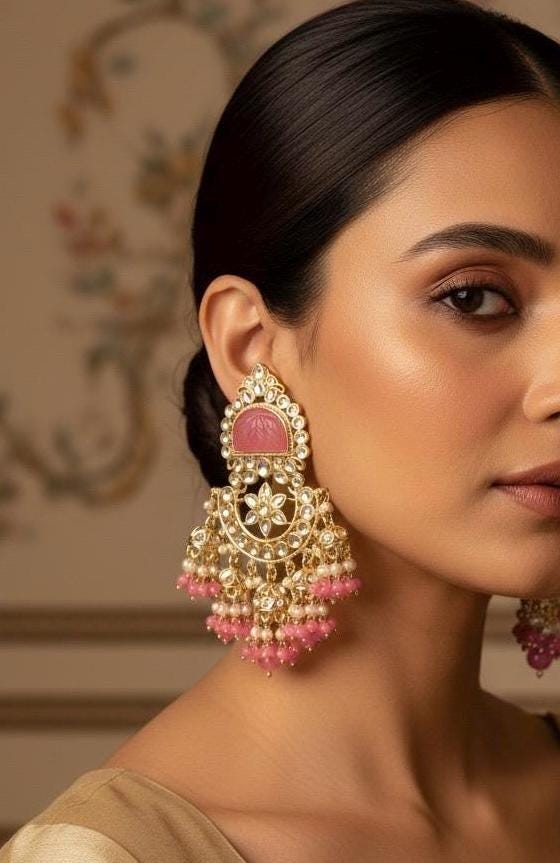 PRANITA Peach Pink Gold Tone Royal Kundan jhumka earrings / Indian dangler Earrings,Pakistani Wedding Jewelry/peach  bollywood danglers