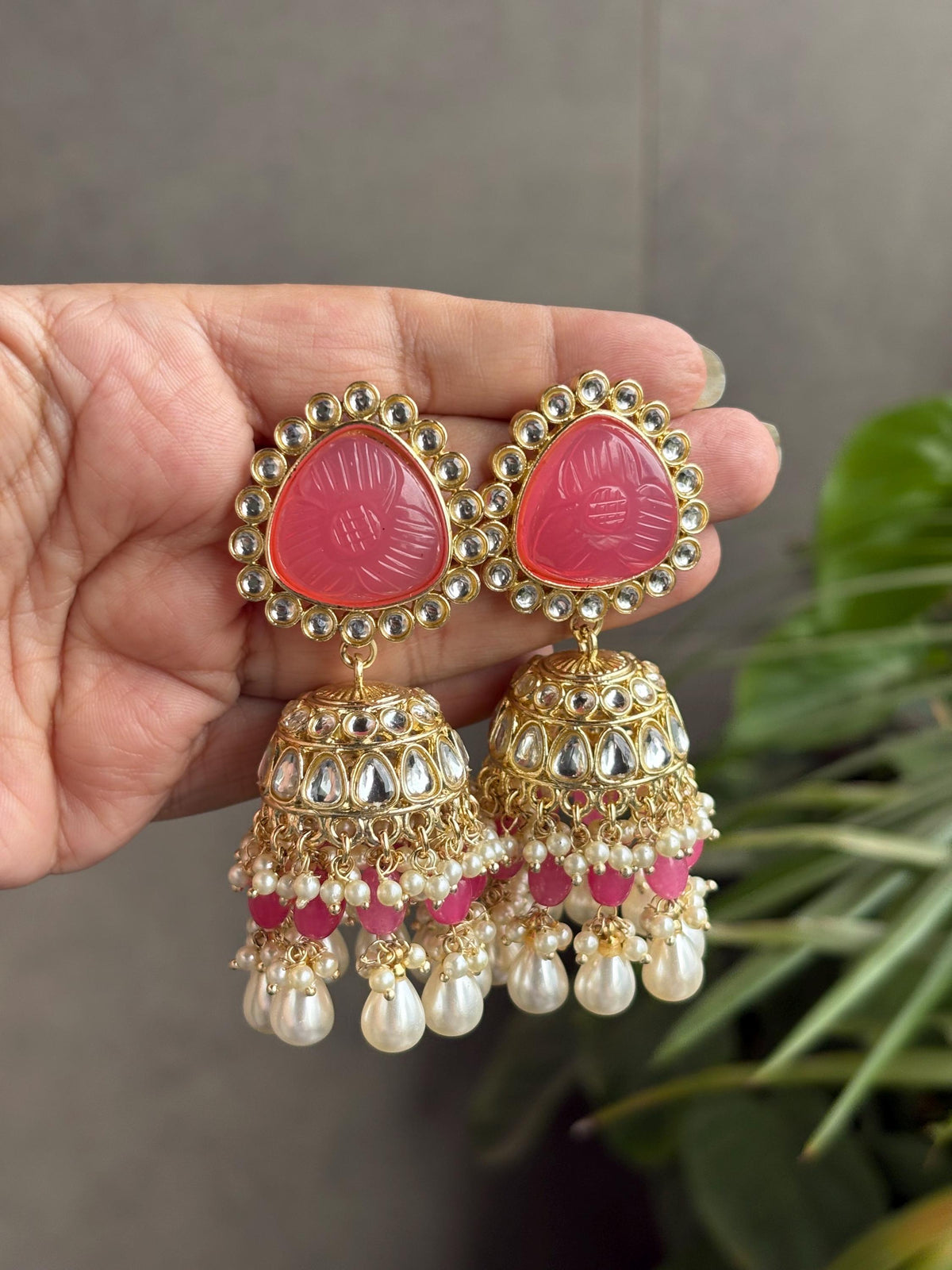 MANYA Peach Pink Gold Tone Royal Kundan jhumka earrings / Indian dangler Earrings,Pakistani Wedding Jewelry/peach  bollywood danglers