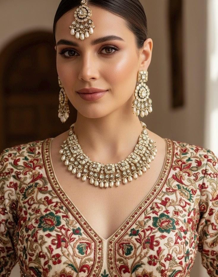 ZIYANA Ivory white necklace set in high quality kundan,Indian Pakistani wedding bridal jewellery, Maangtika included