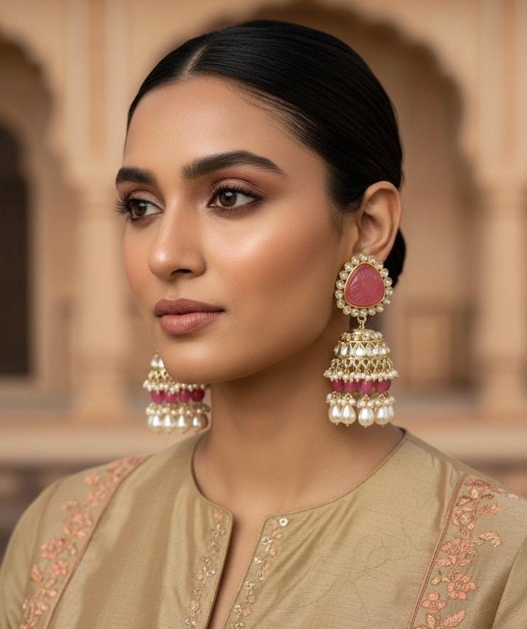 MANYA Peach Pink Gold Tone Royal Kundan jhumka earrings / Indian dangler Earrings,Pakistani Wedding Jewelry/peach  bollywood danglers