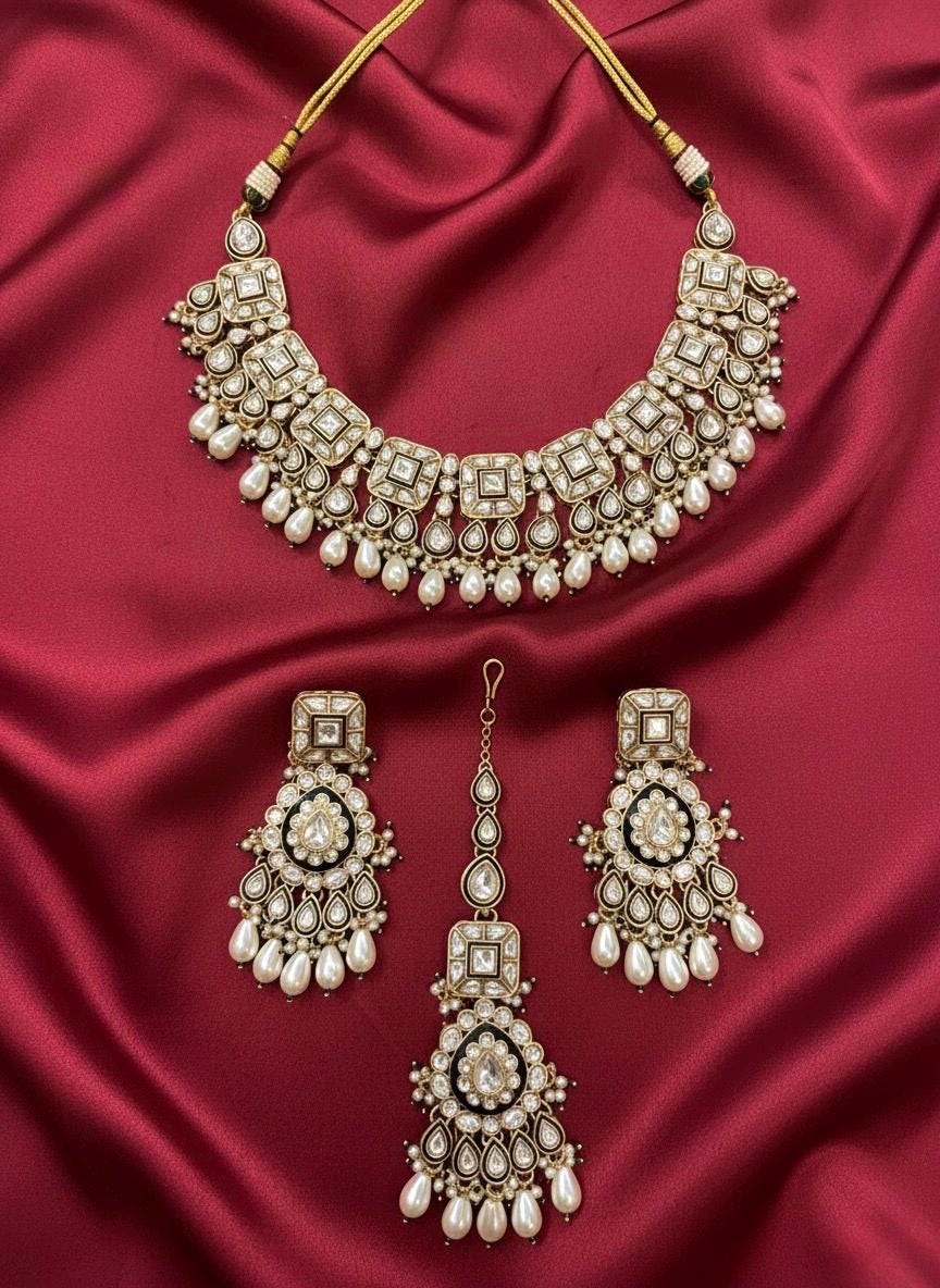 ZIYANA Ivory white necklace set in high quality kundan,Indian Pakistani wedding bridal jewellery, Maangtika included