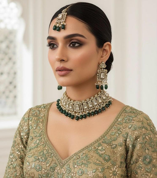 MASHA Green kundan choker necklace earrings and maangtika,indian wedding jewelry pakistani nikaah jewelry, green colour bridal jewelry