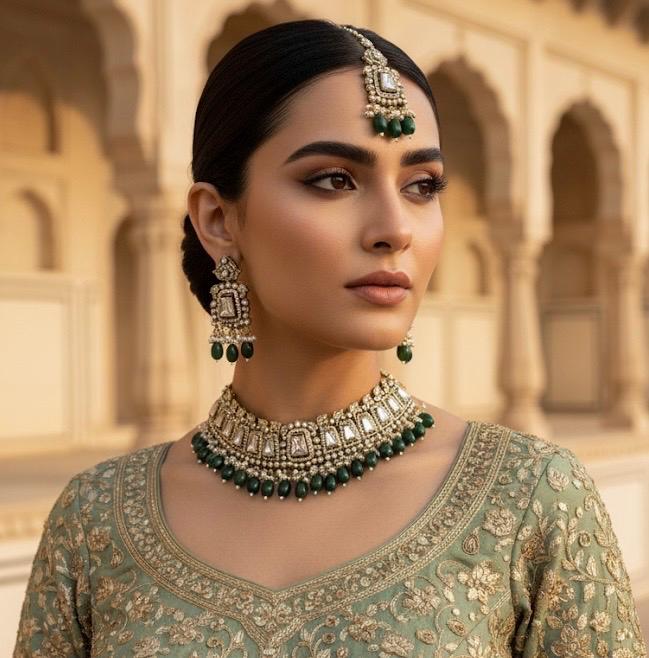 MASHA Green kundan choker necklace earrings and maangtika,indian wedding jewelry pakistani nikaah jewelry, green colour bridal jewelry