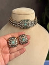 REMI mint cz kundan and zircon choker necklace set in victorian polish, Indian bridal victorian style mint green colour sleek jewelry