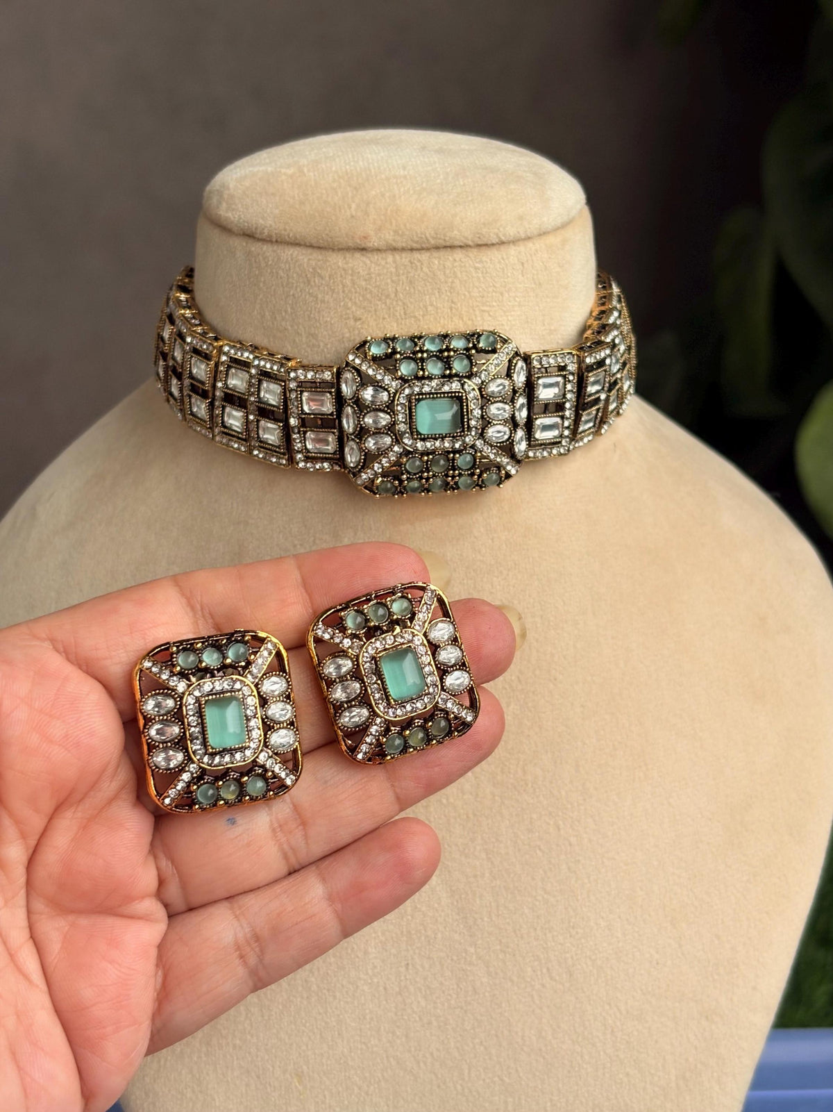 REMI mint cz kundan and zircon choker necklace set in victorian polish, Indian bridal victorian style mint green colour sleek jewelry