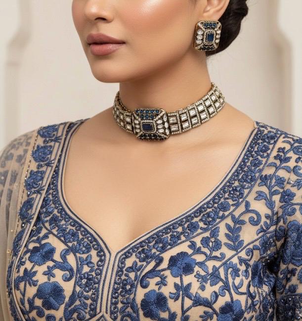 REMI green cz kundan and zircon choker necklace set in victorian polish, Indian bridal victorian style green colour sleek  jewelry