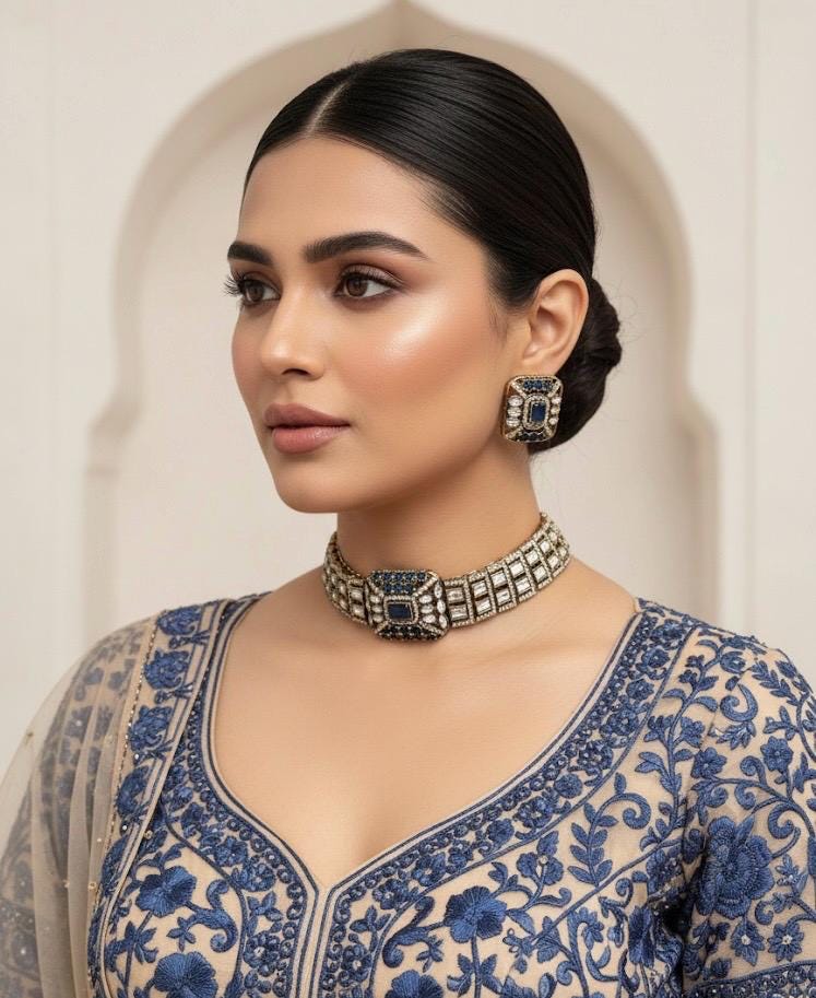 REMI green cz kundan and zircon choker necklace set in victorian polish, Indian bridal victorian style green colour sleek  jewelry