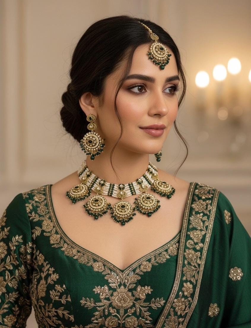 RUHANA dark green golden colour kundan and pearls necklace set with maangtika,rajwada jewelry Indian Pakistani wedding bridal jewelry