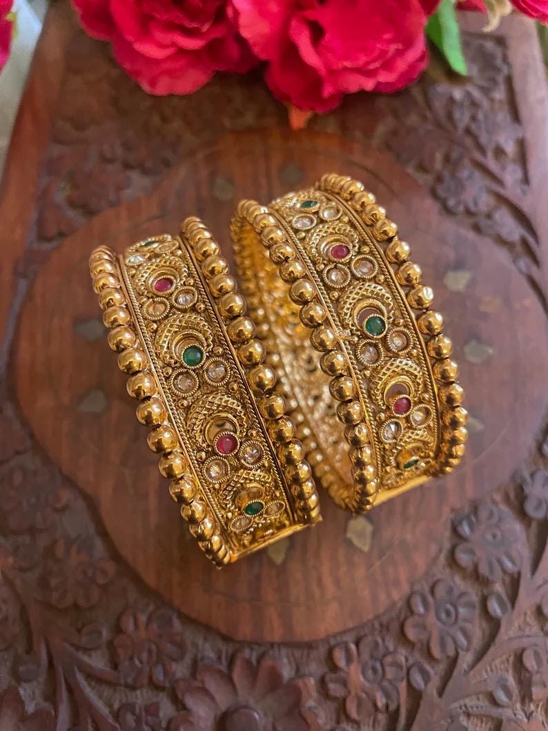 PARINITA Pink green stones Rajwada bangles, gold tone openable bangles,Indian jewellery ethnic kadas,traditional, bracelets,temple jewellery