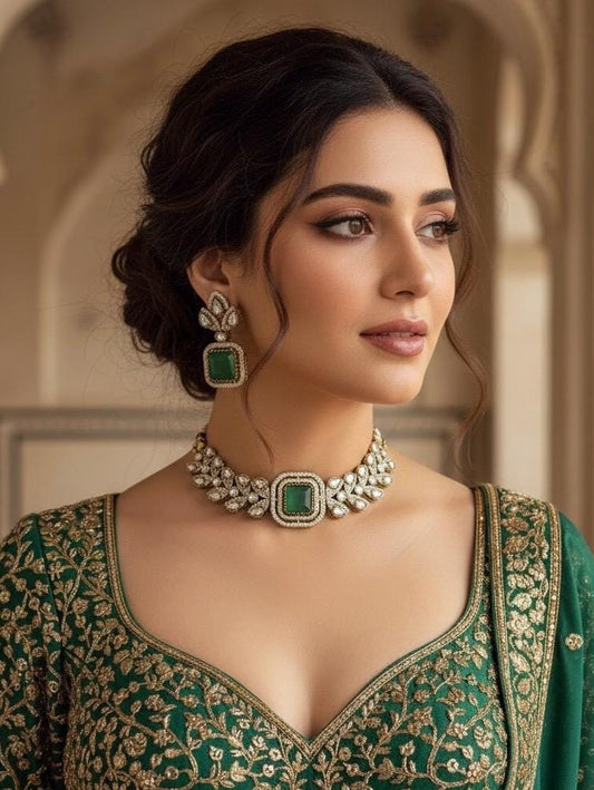 VRINDA Emerald green Victorian style Sabyasachi kundan choker set,cz Indian Bridal jewelry,doublet stone,pakistani wedding jewelley