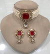 DISHA Ruby red pearl choker set, kundan polki necklace and earrings ,Indian Pakistani bridal jewelry, red ethnic traditional jewelry