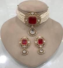 DISHA Ruby red pearl choker set, kundan polki necklace and earrings ,Indian Pakistani bridal jewelry, red ethnic traditional jewelry