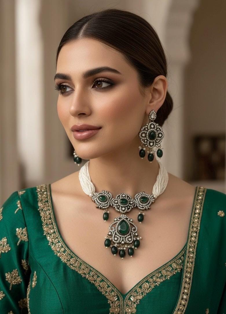 SUMAIRA Green kundan cz choker necklace earrings,indian wedding jewelry pakistani nikaah jewelry,dark green colour bridal jewelry