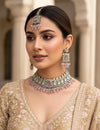 MASHA Pink kundan choker necklace earrings and maangtika,indian wedding jewelry pakistani nikaah jewelry, light pink colour bridal jewelry
