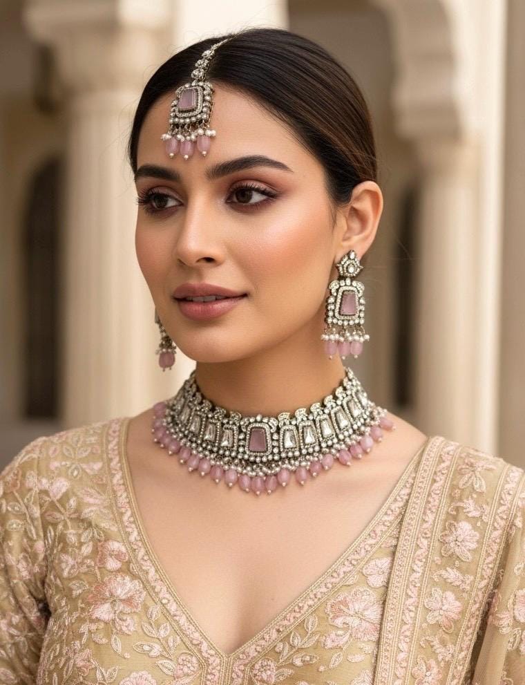 MASHA Pink kundan choker necklace earrings and maangtika,indian wedding jewelry pakistani nikaah jewelry, light pink colour bridal jewelry