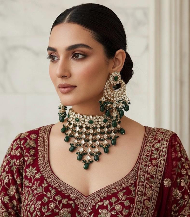 FIZA green Choker earrings maangtika,Punjabi Jewellery,Indian Kundan Necklace Set,cz zircon,Pakistani nikaah Jewelry,Bridal set