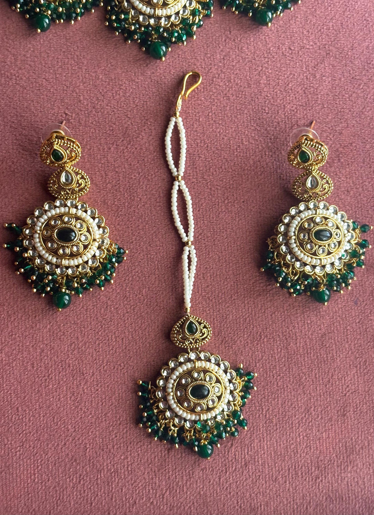 RUHANA dark green golden colour kundan and pearls necklace set with maangtika,rajwada jewelry Indian Pakistani wedding bridal jewelry