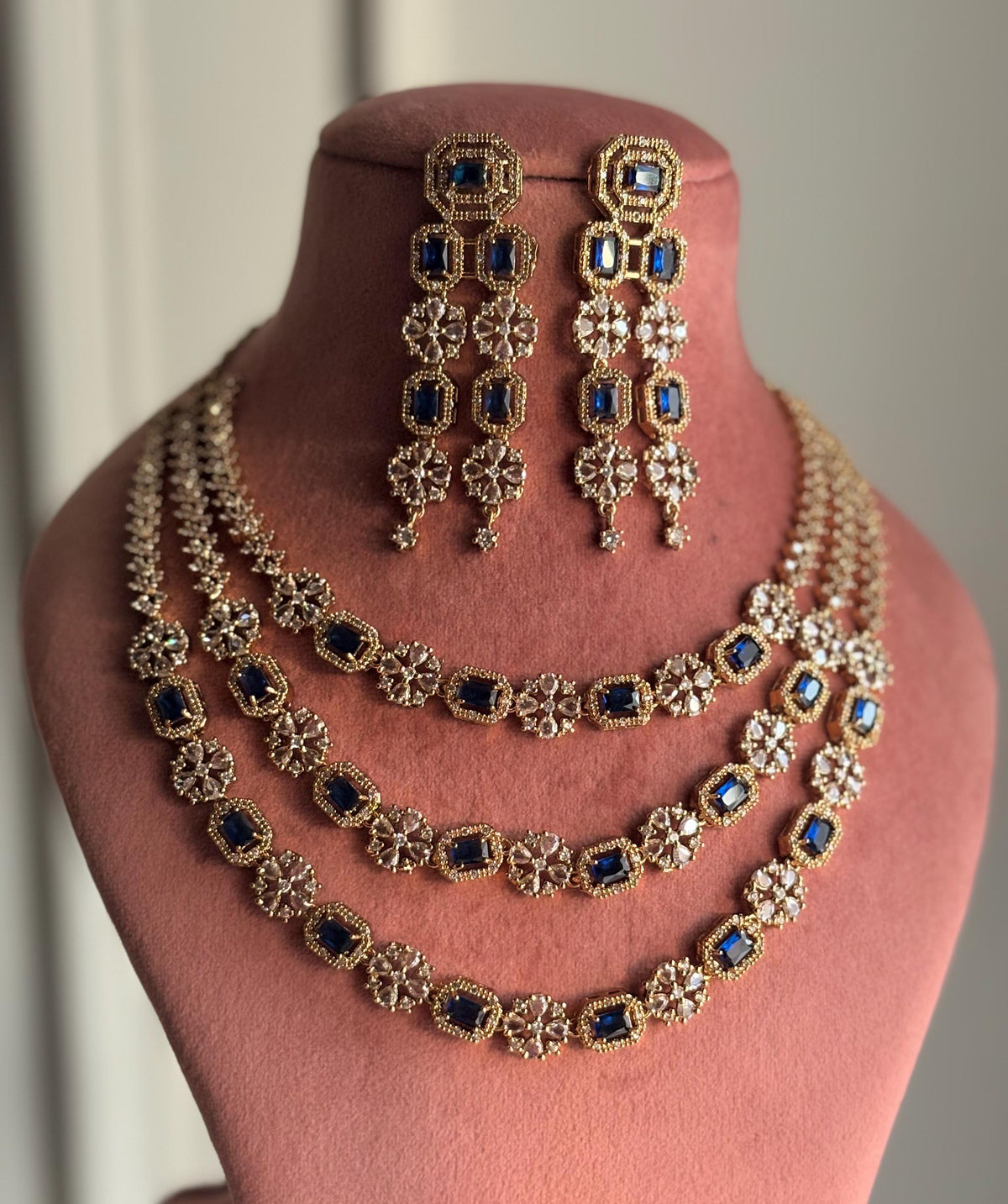 BARIKA three layered sapphire blue kundan and zircon sleek necklace set in mehndi golden polish,Indian victorian style jewelry