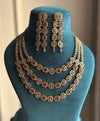 BARIKA three layered red kundan and zircon sleek necklace set in mehndi golden polish,Indian victorian style jewelry