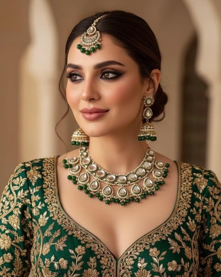 ISHANI Green Kundan necklace earrings maangtika,Punjabi Jewellery, Indian Kundan Bridal Necklace Set, cz zircon,Pakistani nikaah Jewelry