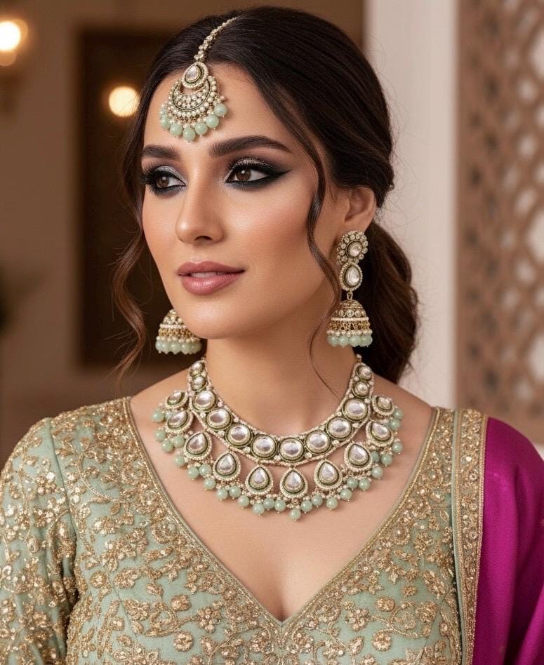 ISHANI Mint Kundan necklace earrings maangtika,Punjabi Jewellery, Indian Kundan Bridal Necklace Set, cz zircon,Pakistani nikaah Jewelry
