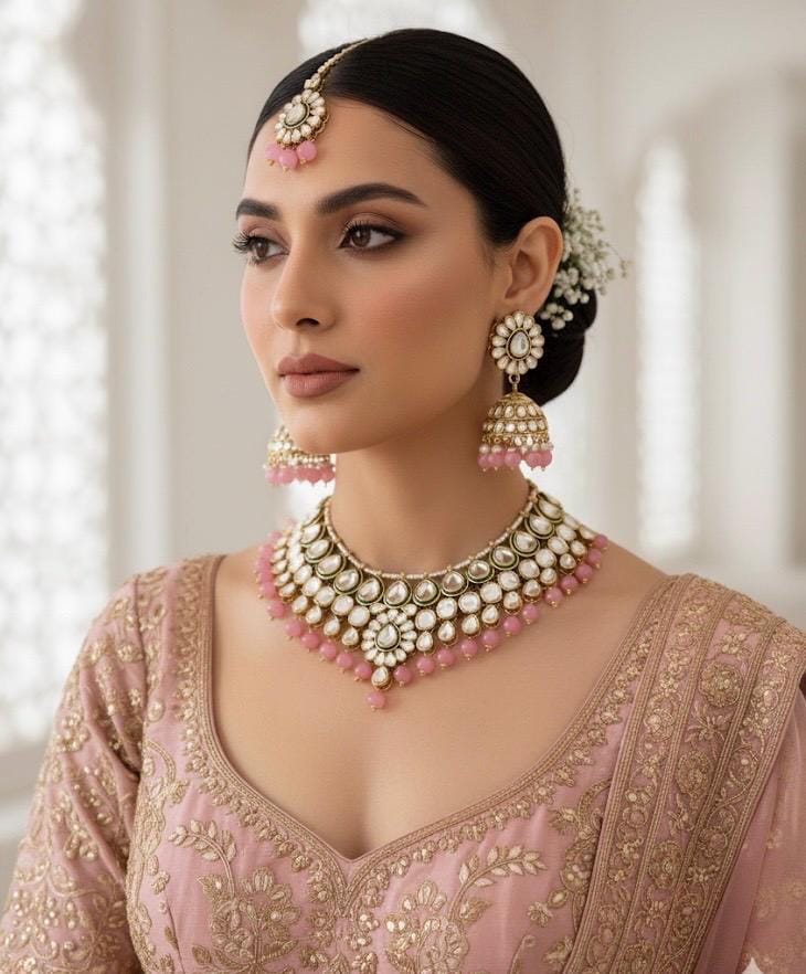 Light pink Kundan necklace set wedding jewelry pakistani set bollywood jewelry punjabi indian kundan set earrings maangtika