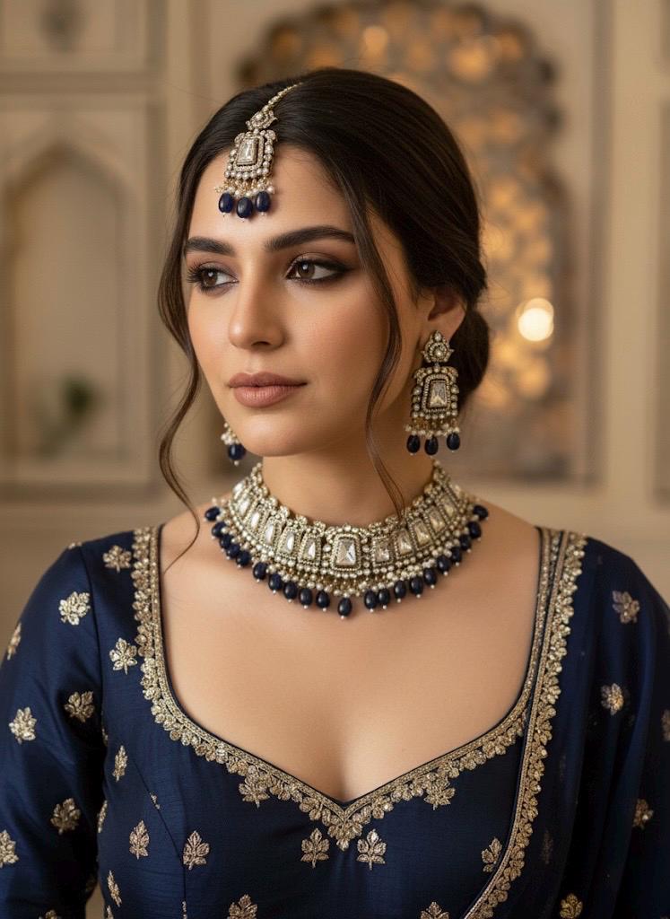 MASHA dark blue kundan choker necklace earrings and maangtika,indian wedding jewelry pakistani nikaah jewelry,blue colour bridal jewelry