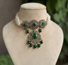 SUMAIRA Green kundan cz choker necklace earrings,indian wedding jewelry pakistani nikaah jewelry,dark green colour bridal jewelry
