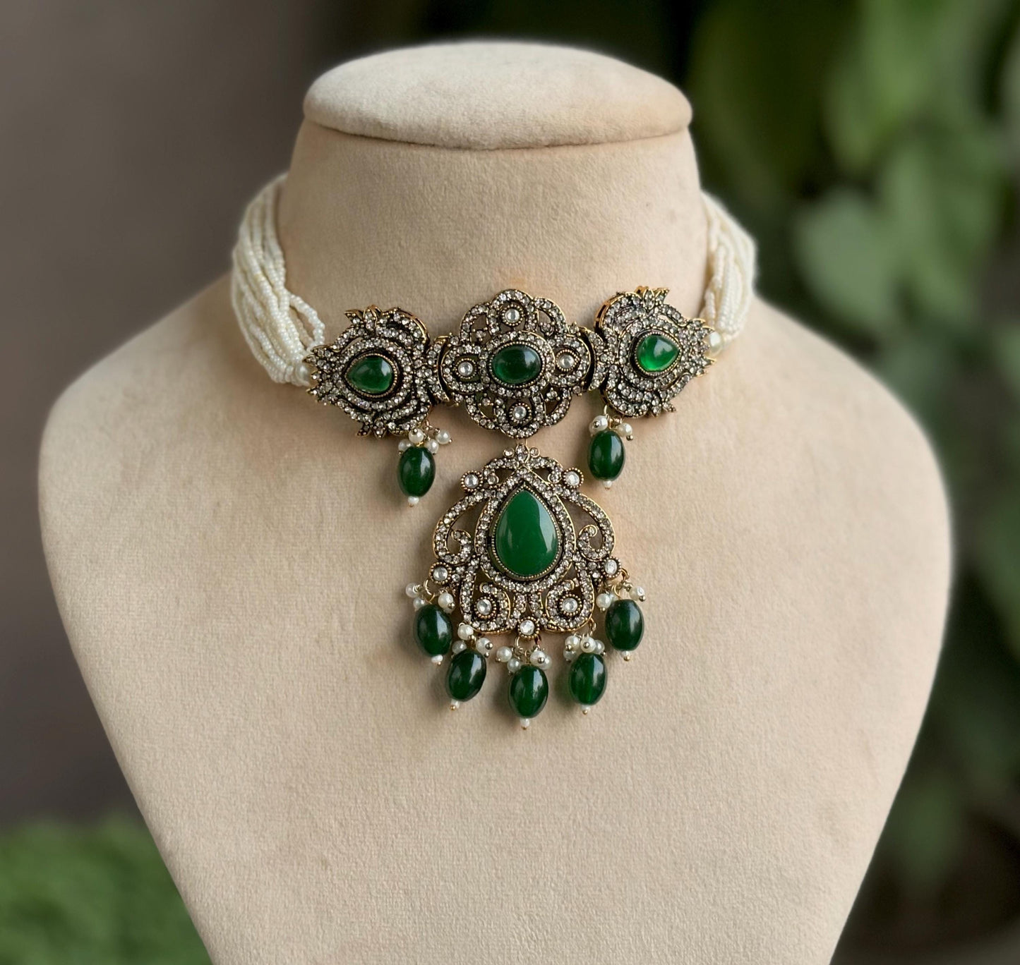 SUMAIRA Green kundan cz choker necklace earrings,indian wedding jewelry pakistani nikaah jewelry,dark green colour bridal jewelry