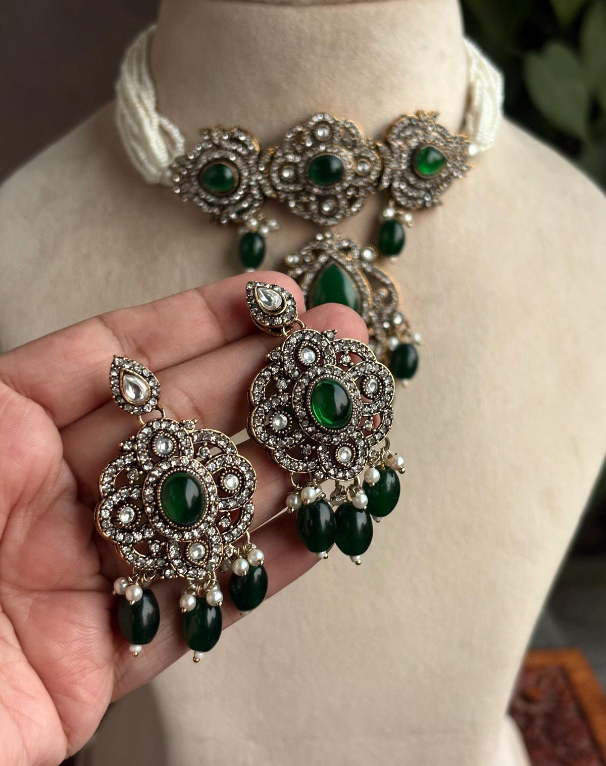 SUMAIRA Green kundan cz choker necklace earrings,indian wedding jewelry pakistani nikaah jewelry,dark green colour bridal jewelry