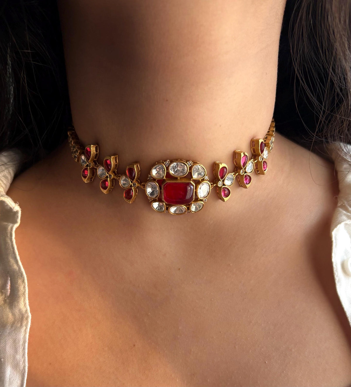 SABAA Victorian look red Doublet Stone kundan Choker with stud Earrings,red colour sleek necklace choker set,Indian Pakistani bridal jewelry