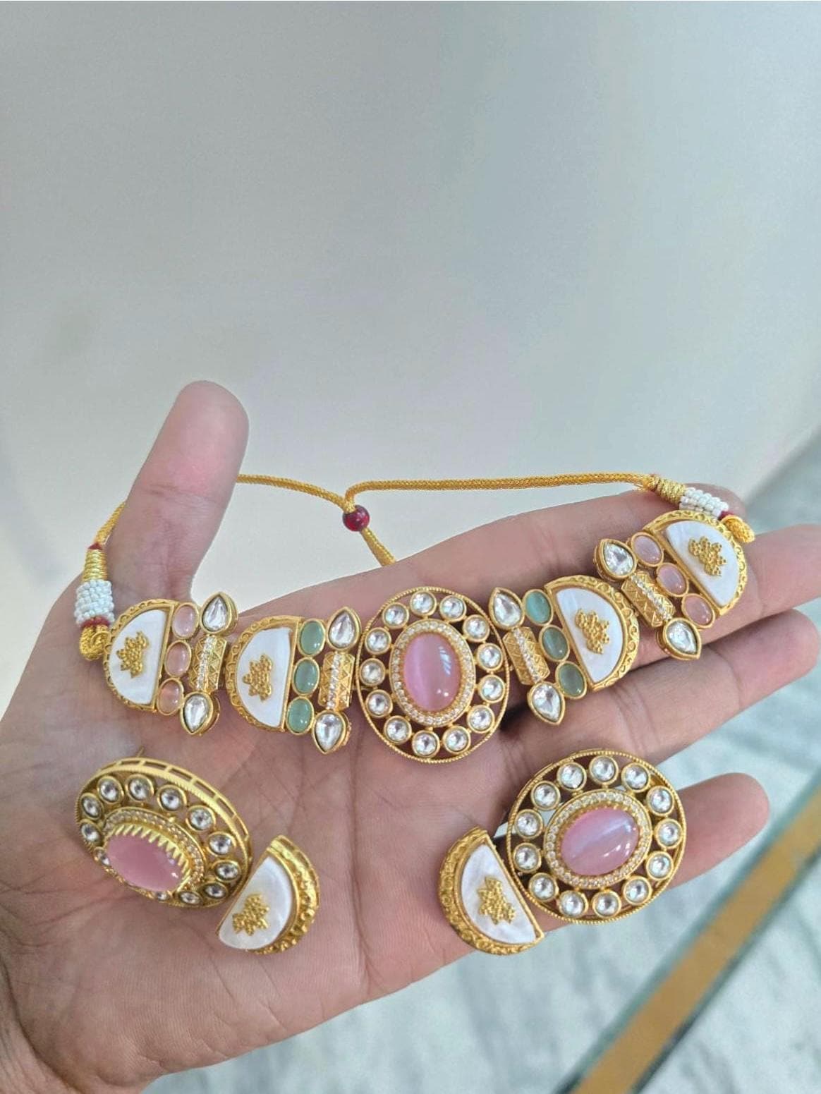 BAANI Mint pink kundan Necklace choker Set with Earrings, mint pink colour Pakistani wedding jewelry, indian bridal choker