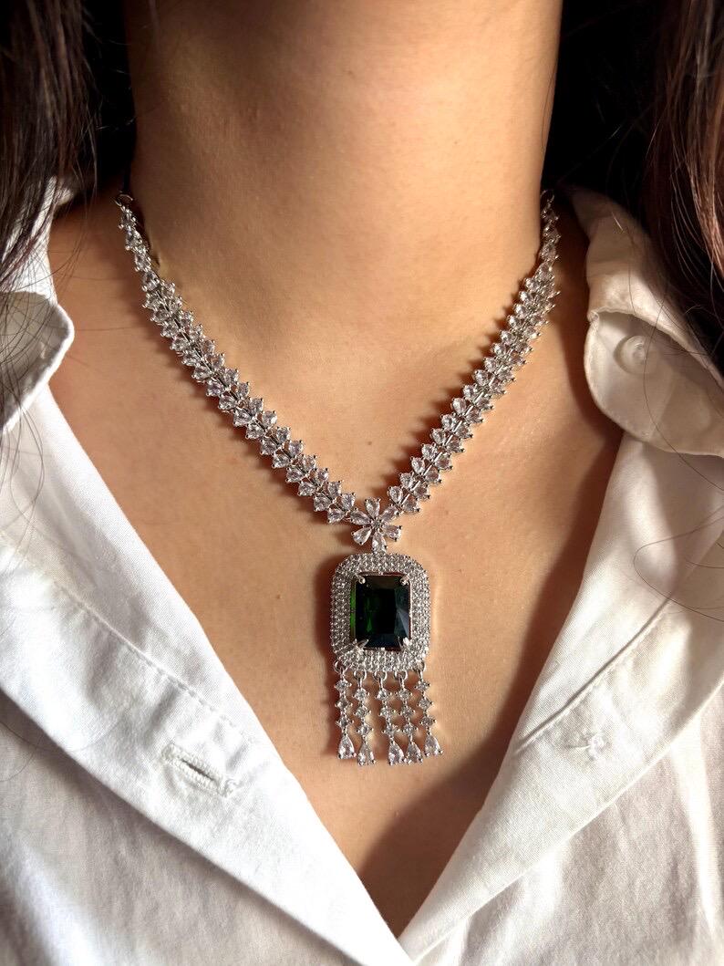 MYRAH Emerald green necklace earrings in American Diamond Classy high quality cz zircon jewelry,prom,gala dinner, maangtika included