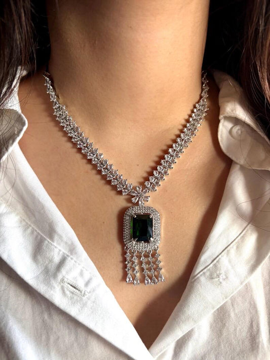 MYRAH Emerald green necklace earrings in American Diamond Classy high quality cz zircon jewelry,prom,gala dinner, maangtika included