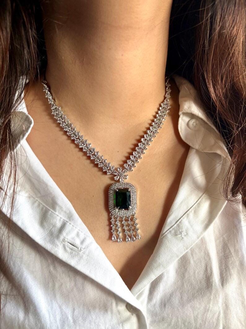 MYRAH Emerald green necklace earrings in American Diamond Classy high quality cz zircon jewelry,prom,gala dinner, maangtika included