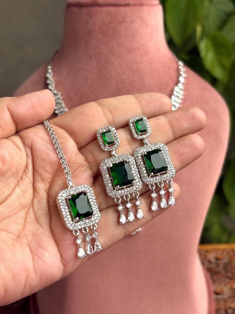 MYRAH Emerald green necklace earrings in American Diamond Classy high quality cz zircon jewelry,prom,gala dinner, maangtika included