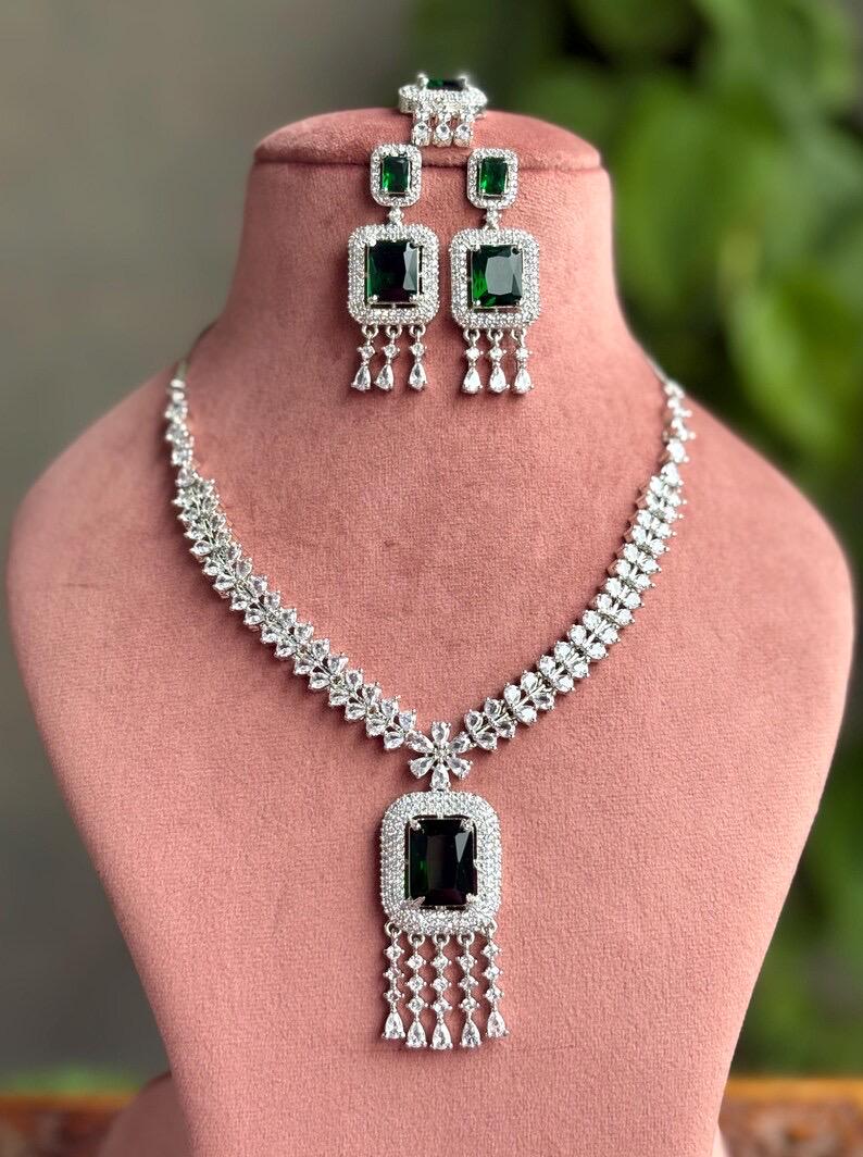 MYRAH Emerald green necklace earrings in American Diamond Classy high quality cz zircon jewelry,prom,gala dinner, maangtika included