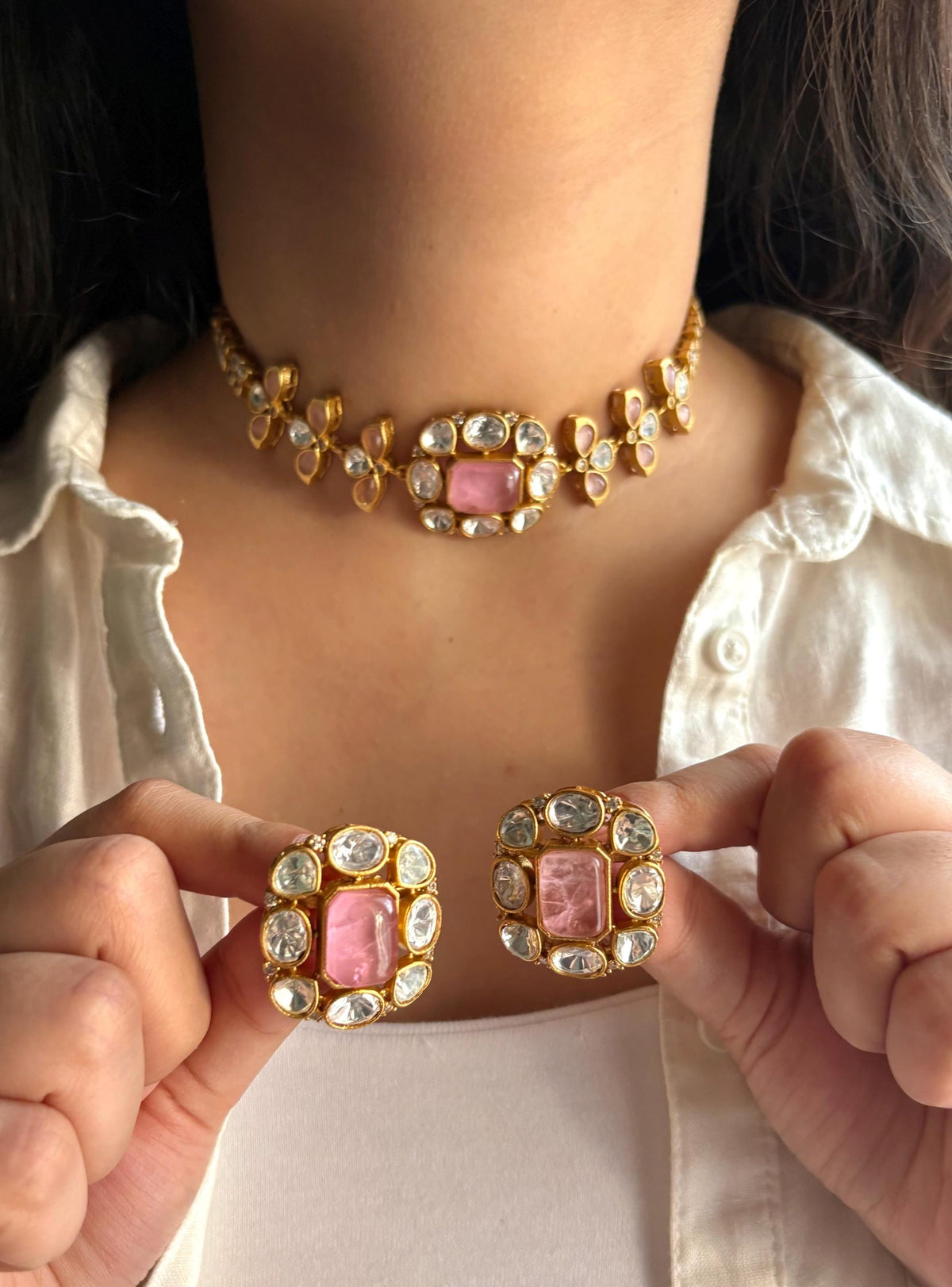 SABAA  Light pink Doublet Stone kundan Choker with stud Earrings necklace set,pink colour Indian Pakistani bridal jewelry
