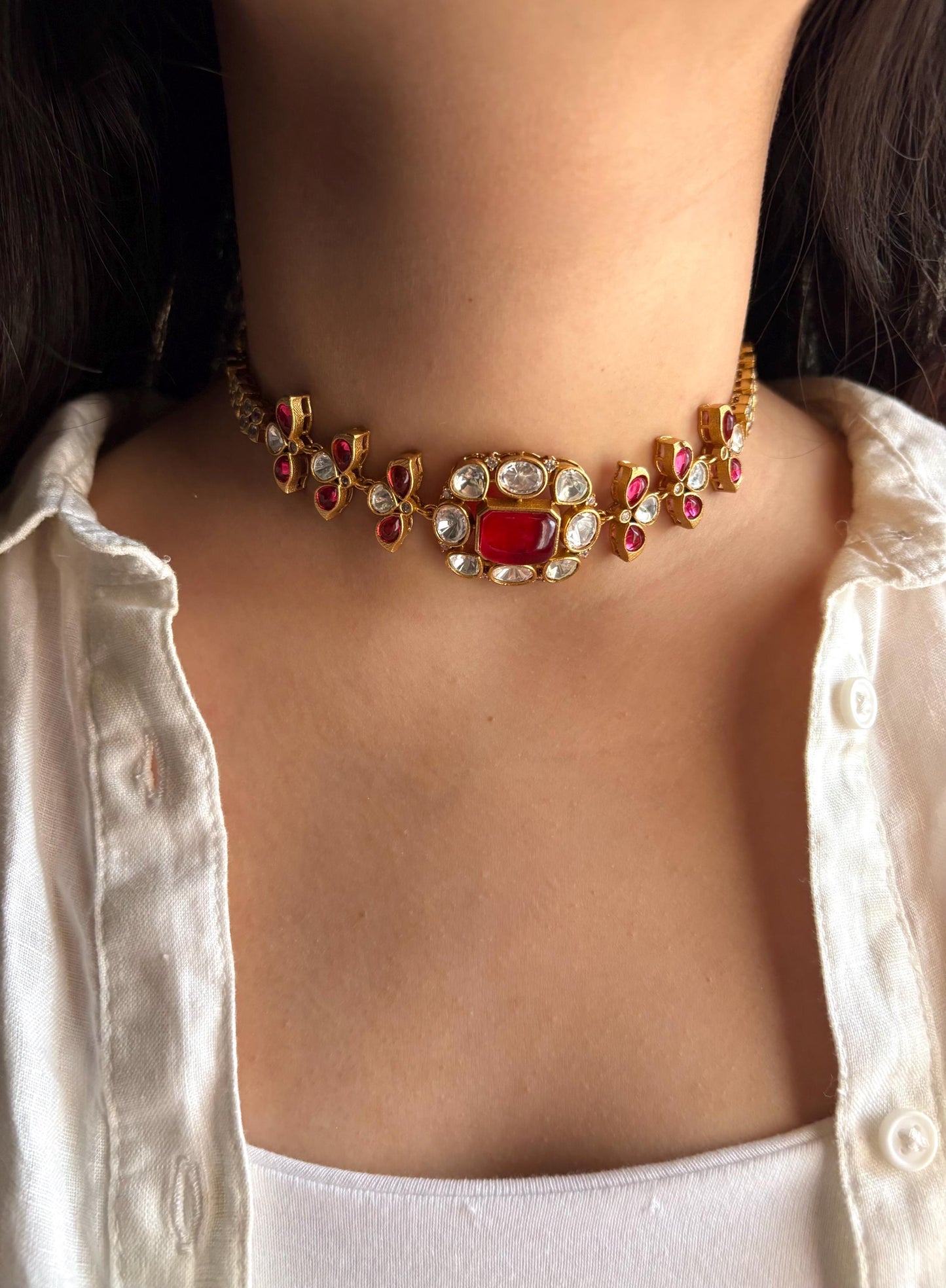 SABAA Ruby red Doublet Stone kundan Choker with stud Earrings necklace set, red colour Indian Pakistani bridal jewelry