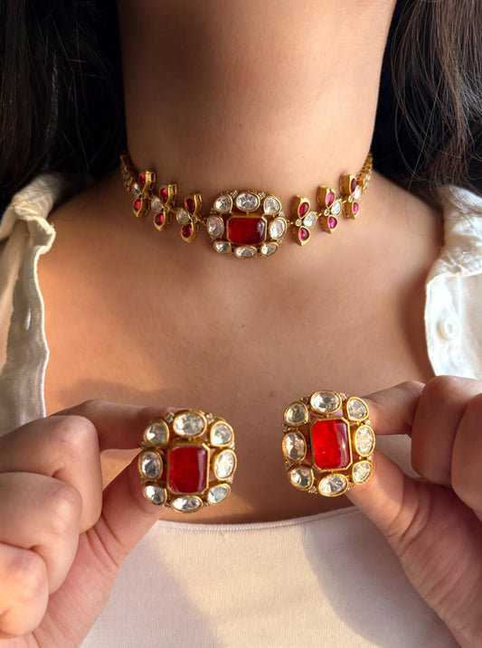SABAA Ruby red Doublet Stone kundan Choker with stud Earrings necklace set, red colour Indian Pakistani bridal jewelry