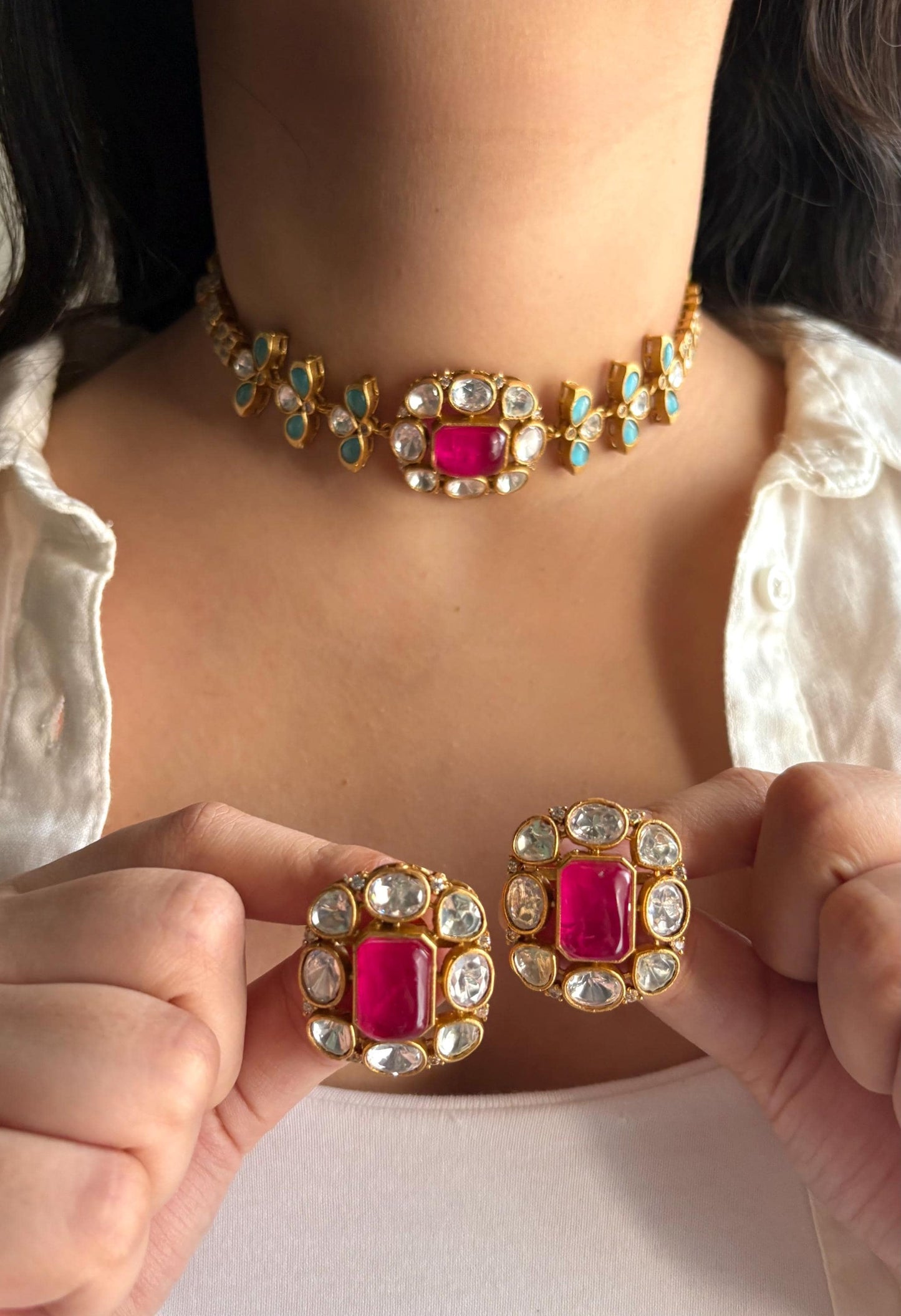 SABAA Fuchsia pink Doublet Stone kundan Choker with stud Earrings necklace set,rani pink and blue colour Indian Pakistani bridal jewelr