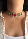 SABAA Fuchsia pink Doublet Stone kundan Choker with stud Earrings necklace set,rani pink and blue colour Indian Pakistani bridal jewelr