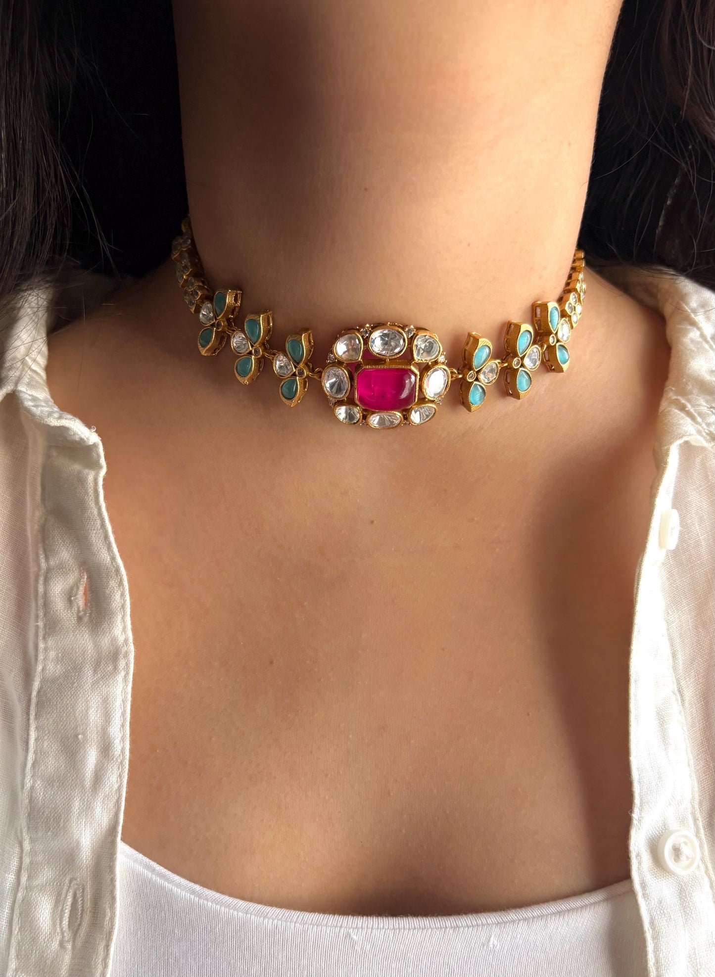 SABAA Fuchsia pink Doublet Stone kundan Choker with stud Earrings necklace set,rani pink and blue colour Indian Pakistani bridal jewelr