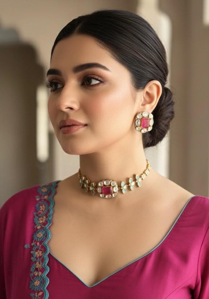 SABAA Fuchsia pink Doublet Stone kundan Choker with stud Earrings necklace set,rani pink and blue colour Indian Pakistani bridal jewelr