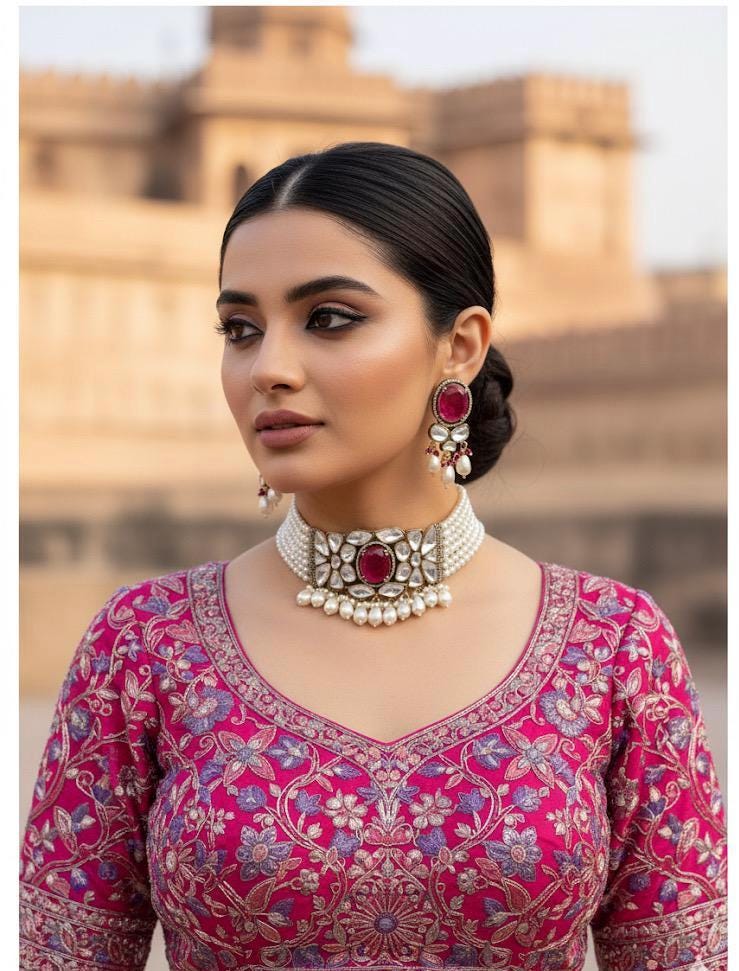 AVANI Victorian style Sabyasachi uncut polki Rani Pink choker set,Indian Bridal jewelry, pearl Necklace Set,pakistani wedding jewellery