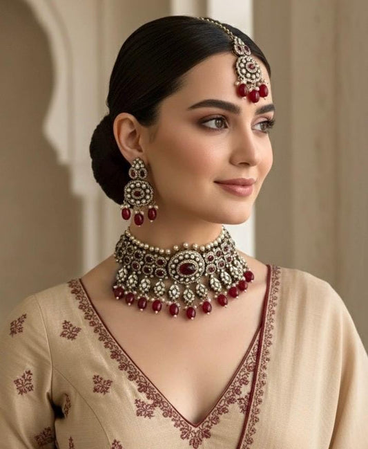 SHEHLA Red maroon colour Victorian style kundan and cz choker necklace set with maangtika, Indian Pakistani wedding bridal jewelry