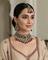 SHEHLA Red maroon colour Victorian style kundan and cz choker necklace set with maangtika, Indian Pakistani wedding bridal jewelry